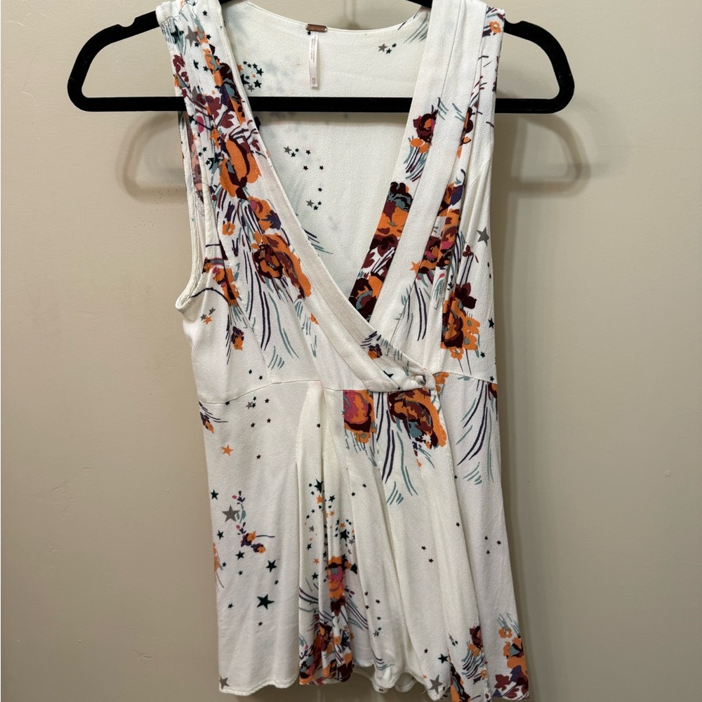 Floral Sleeveless Wrap Top - White and Orange